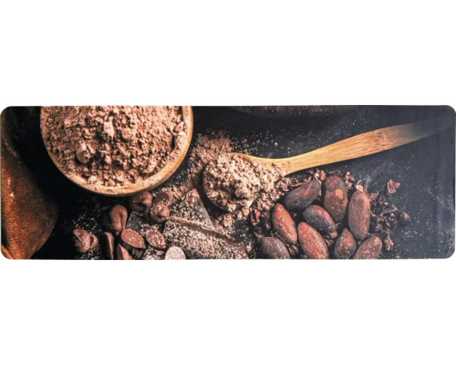 Traversă / covor bucătărie Cacao 50x150 cm Panou de spate pentru bucătărie cu pudră de cacao într-un bol de lemn, o lingură de lemn cu pudră de cacao, boabe de cacao și bucăți de ciocolată.