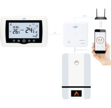 Sistem de încălzire Smart Home cu termostat, receptor, router, smartphone și centrală termică