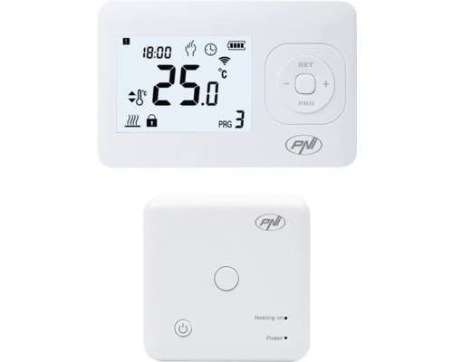 Două termostate de cameră albe de la PNI, unul cu ecran LCD și butoane de control.