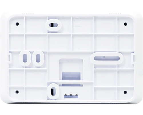 Partea din spate a unei carcase albe din plastic cu elemente de montare