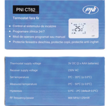 Ambalajul unei unități de control al încălzirii PNI CT62 cu date tehnice și caracteristici ale produsului