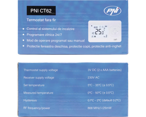 Ambalajul unei unități de control al încălzirii PNI CT62 cu date tehnice și caracteristici ale produsului