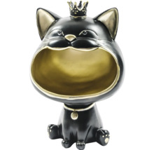 Figurină decorativă pisică din rășină cu gura larg deschisă pentru depozitare, neagră cu accente aurii și coroană.