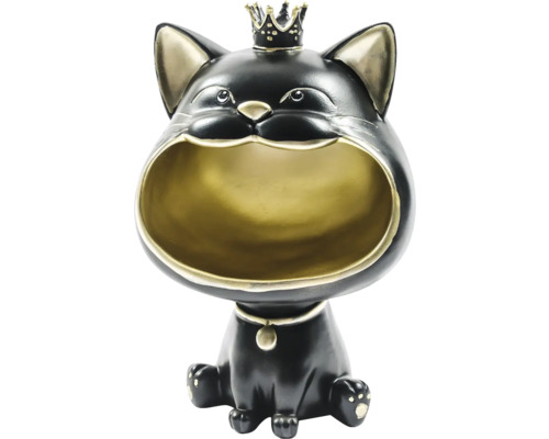 Figurină decorativă pisică din rășină cu gura larg deschisă pentru depozitare, neagră cu accente aurii și coroană.