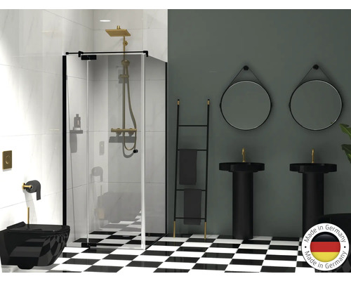 Baie modernă cu duș, chiuvete și gresie în model de șah