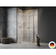 Cabină de duș tip walk-in cu intrare pe colț și uși de sticlă în baie modernă, sigiliul de calitate Fabricat în Germania