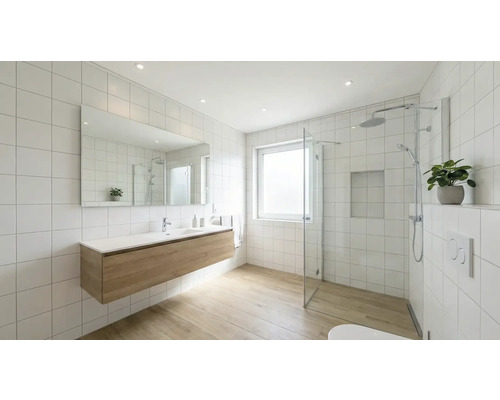 Baie luminoasă cu lavoar, oglindă și cabină de duș