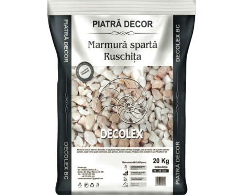 Ambalaj de marmură spartă Ruschita marca Decolex cu o granulație de 15-25 milimetri și o greutate de 20 kilograme.