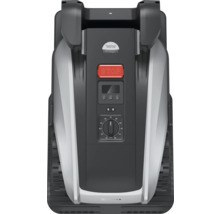 Vedere de sus a unui robot de tuns iarba cu elemente de control, cum ar fi un buton rotativ pentru reglarea înălțimii de tăiere și un buton roșu de oprire.