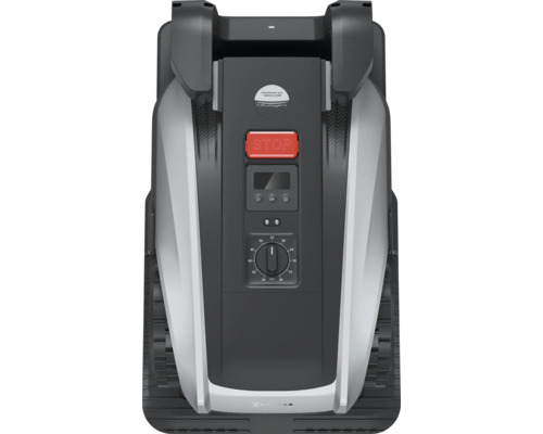 Vedere de sus a unui robot de tuns iarba cu elemente de control, cum ar fi un buton rotativ pentru reglarea înălțimii de tăiere și un buton roșu de oprire.