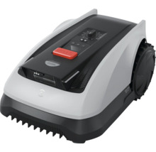 Robot de tuns gazon cu comenzi și buton roșu de oprire