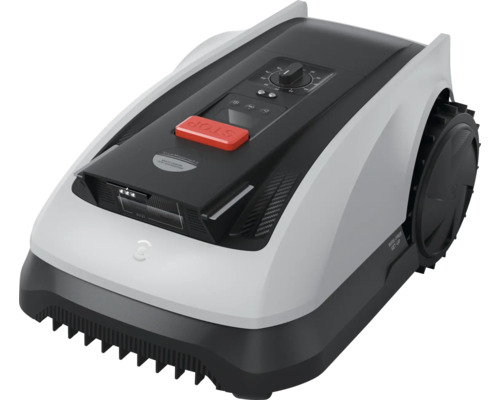 Robot de tuns gazon cu comenzi și buton roșu de oprire