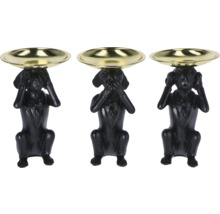 Set de trei sfeșnice în formă de câini negri cu boluri aurii, motivele nu văd nimic, nu aud nimic, nu spun nimic.