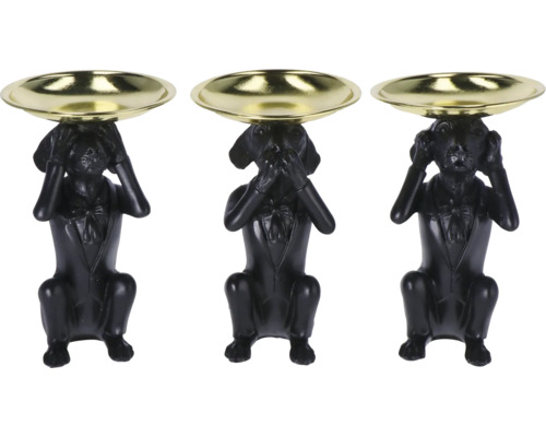 Set de trei sfeșnice în formă de câini negri cu boluri aurii, motivele nu văd nimic, nu aud nimic, nu spun nimic.