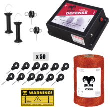 Set gard electric cu generator de impulsuri, fir pentru gard, izolatori de gard, mâner poartă și indicator de avertizare