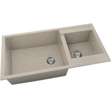 Chiuvetă încorporabilă din material compozit cu două cuve de dimensiuni diferite și ventile cu sită.
