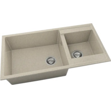 Chiuvetă de bucătărie dublă din material compozit cu două cuve de dimensiuni diferite și ventile cu sită.