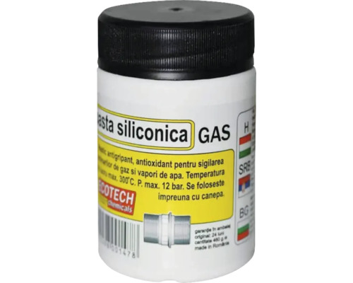 Pastă siliconică pentru gaz în recipient de 460 grame, rezistentă la temperaturi de până la 300 grade Celsius și presiune de 12 bari.