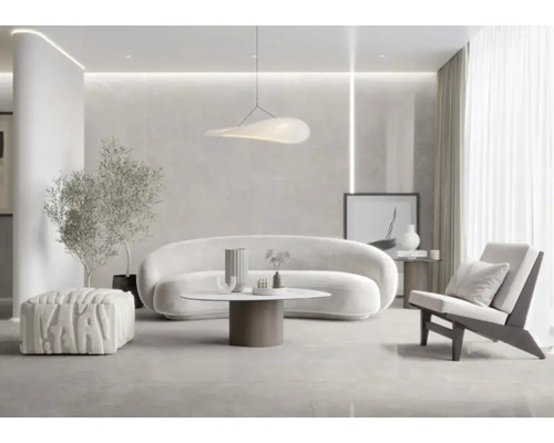 Living luminos cu canapea, fotoliu, masă, taburet și plantă de interior