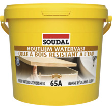 Adeziv pentru lemn rezistent la apă Soudal 65A în găleată galbenă pentru uz profesional.