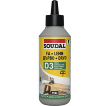 Adeziv pentru lemn Soudal în flacon cu aplicator, adeziv PVAC rezistent la apă D3 pentru lemn, conține plastic reciclat.