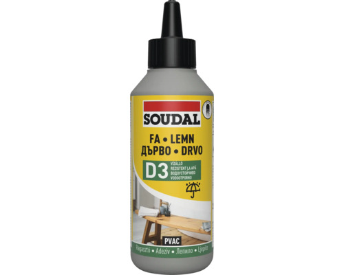 Adeziv pentru lemn Soudal în flacon cu aplicator, adeziv PVAC rezistent la apă D3 pentru lemn, conține plastic reciclat.