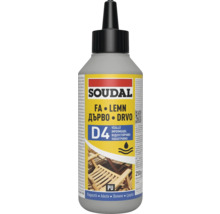 Adeziv pentru lemn Soudal Poliuretan D4, impermeabil, flacon de 250 grame pentru lucrări de tâmplărie la interior și exterior.