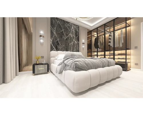 Dormitor modern cu pat tapițat, perete din marmură și dulap din sticlă iluminat. Design luminos și organizat.