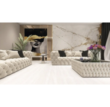 Living luminos cu două canapele capitonate, o măsuță de cafea tapițată, un tablou mural mare și panouri de perete cu aspect de marmură.