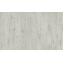 Pardoseală laminată cu aspect de stejar, gri deschis cu nervuri de lemn și noduri.