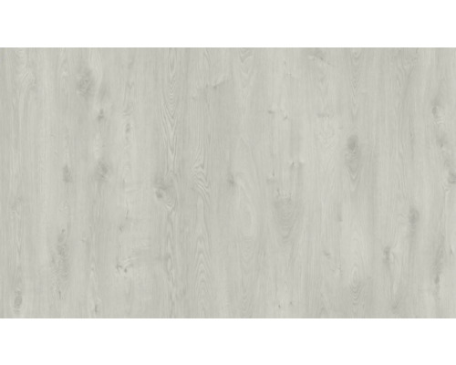 Pardoseală laminată cu aspect de stejar, gri deschis cu nervuri de lemn și noduri.