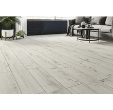 Pardoseală deschisă la culoare cu aspect de lemn în sufragerie modernă cu canapea, măsuță de cafea și plante de interior.