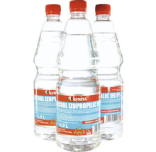 Trei flacoane din plastic de alcool izopropilic Kynita 99,9 la sută, 0,9 litri fiecare, pentru curățare și degresare.