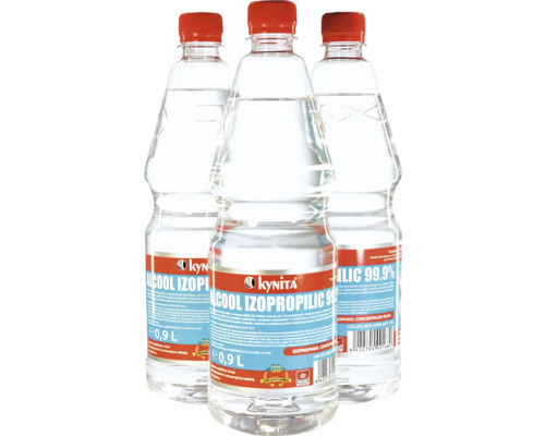 Trei flacoane din plastic de alcool izopropilic Kynita 99,9 la sută, 0,9 litri fiecare, pentru curățare și degresare.