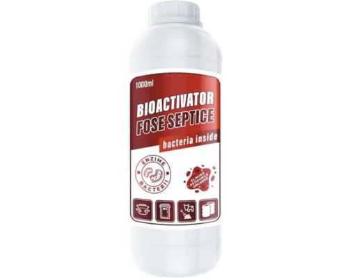 Bioactivator pentru fose septice, flacon de 1000 mililitri cu bacterii și enzime pentru eliminarea reziduurilor organice.