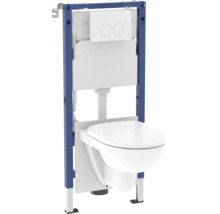 Set WC suspendat, incluzând cadru de instalare Geberit Duofix, rezervor încastrat, clapetă de acționare și vas WC cu capac.
