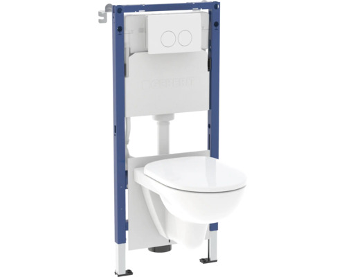Set WC suspendat, incluzând cadru de instalare Geberit Duofix, rezervor încastrat, clapetă de acționare și vas WC cu capac.