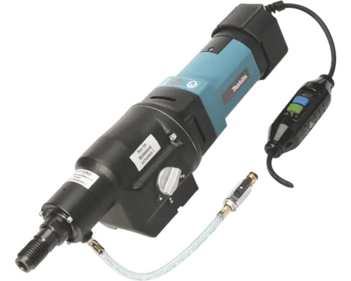 Mașină de carotat cu diamant Makita cu întrerupător de protecție și furtun de apă pentru găurire umedă. Makita Logo.