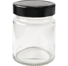 Borcan mic din sticlă transparentă cu capac negru prin înșurubare.