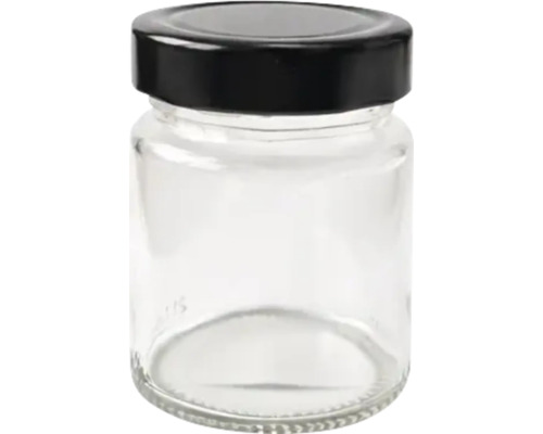 Borcan mic din sticlă transparentă cu capac negru prin înșurubare.