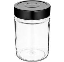 Borcan din sticlă transparentă cu capac negru cu filet.