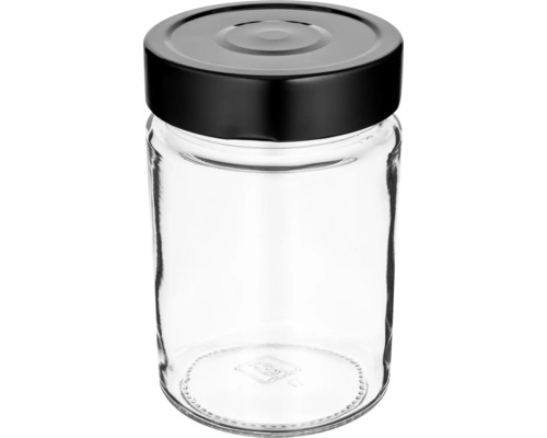 Borcan din sticlă transparentă cu capac negru cu filet.