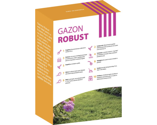 Ambalaj cu amestec de gazon Gazon Robust cu instrucțiuni de îngrijire a gazonului.