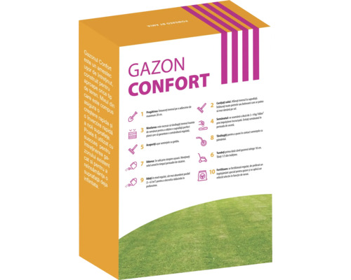 Ambalaj produs Gazon Confort cu instrucțiuni de îngrijire a gazonului