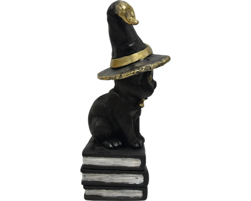 Figurină decorativă de Halloween: Pisică neagră cu pălărie de vrăjitoare pe o stivă de cărți