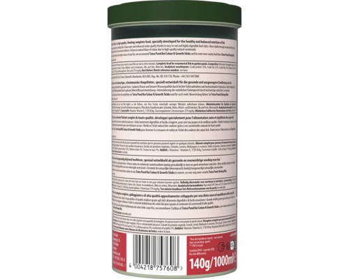 Spatele ambalajului Tetra Pond Koi Sticks cu ingrediente, instrucțiuni de hrănire, cod de bare, simbol de reciclare și Tetra Logo.