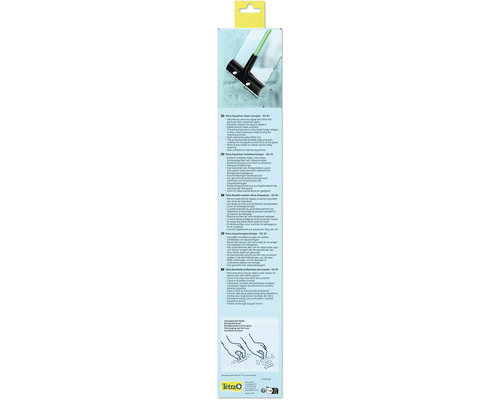 Ambalaj curățitor geamuri acvariu Tetra GS 45 cu caracteristici, Tetra Logo, simboluri de reciclare și instrucțiuni pentru înlocuirea lamei.