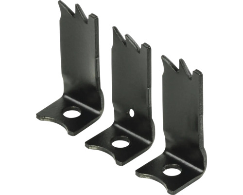 Trei conectori metalici de colț cu dinți de ferăstrău și găuri