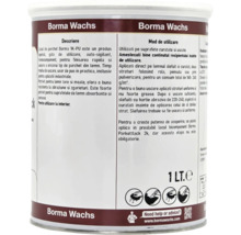 Partea din spate a unei cutii de 1 litru de lac pentru parchet Borma Wachs, Borma Wachs Logo, cu instrucțiuni de utilizare și simboluri pentru prelucrare.