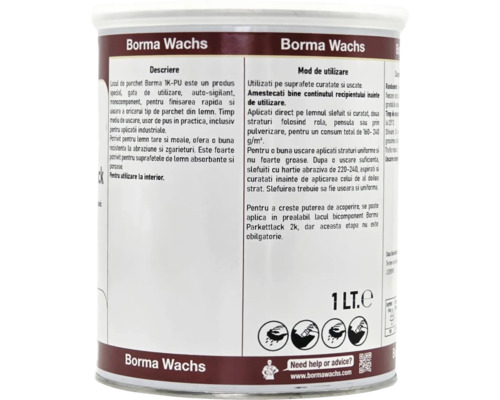 Partea din spate a unei cutii de 1 litru de lac pentru parchet Borma Wachs, Borma Wachs Logo, cu instrucțiuni de utilizare și simboluri pentru prelucrare.